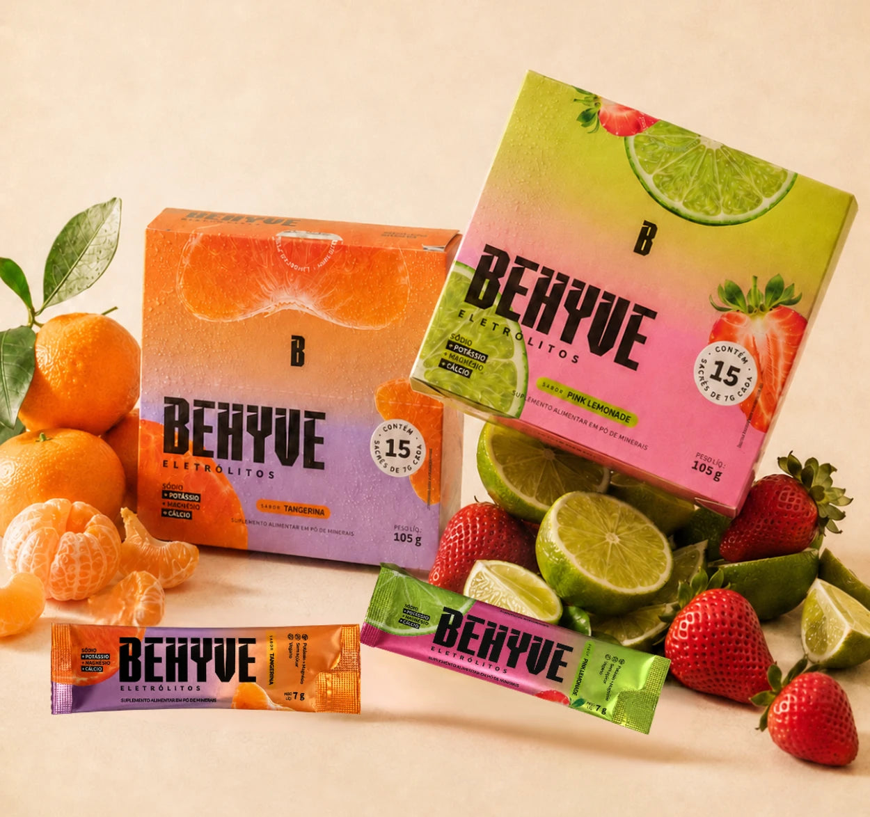 Caixas e sachês BEHYVE Eletrólitos Pink Lemonade e Tangerina com frutas