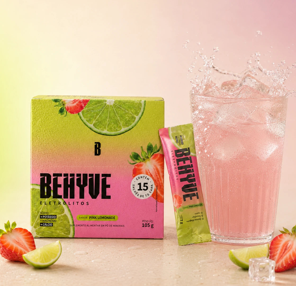 Caixa e sachê BEHYVE Pink Lemonade ao lado do copo preparado
